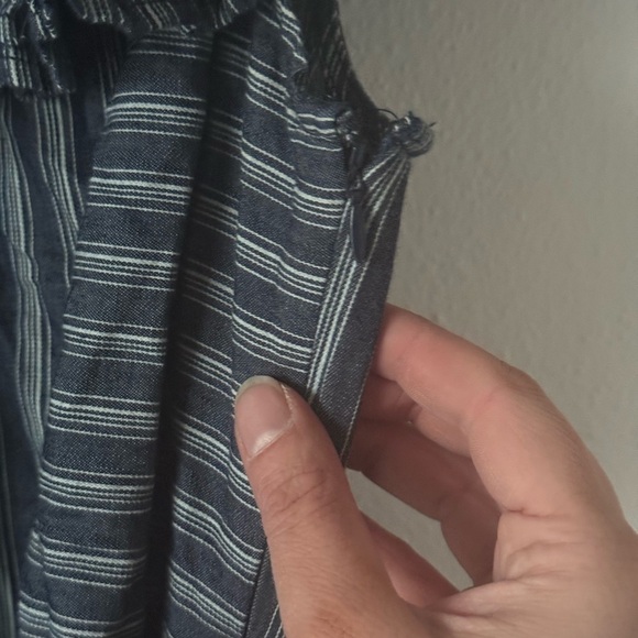 Farrow Striped Chambray belted asymmetrical off the shoulder ruffle dress - Picture 4 of 12